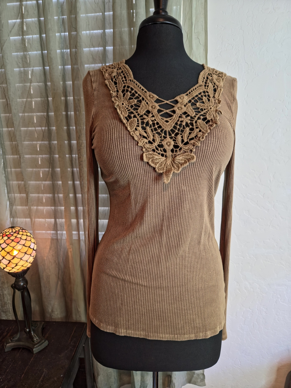 T Party Brown Ribbed Long-Sleeve Top with Lace V-Neck #0340